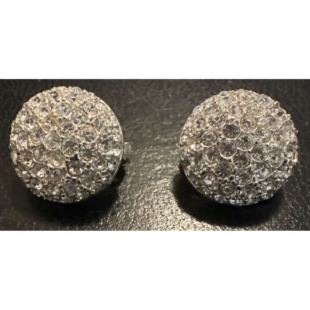 Roman Signed VTG Rhinestone Button Clip Earrings Costume Jewelry